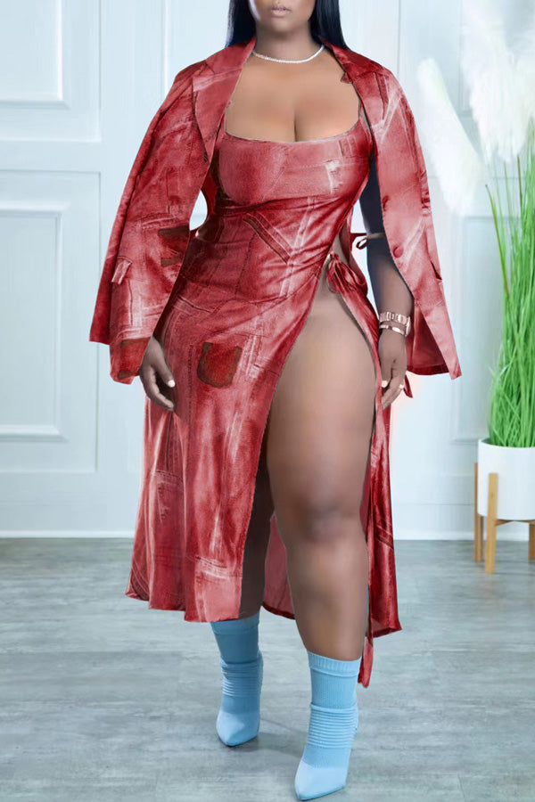 Sexy Loose Slit Sling Faux Denim Print Suit Skirt