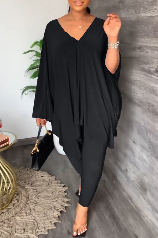 Casual Loose V-Neck Doll Sleeve Suit