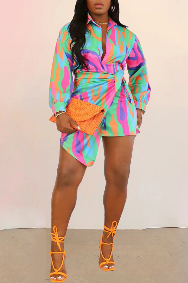 Fashion Print Wrap Skirt Multicolor Shirt Tie Low Cut Irregular Dress