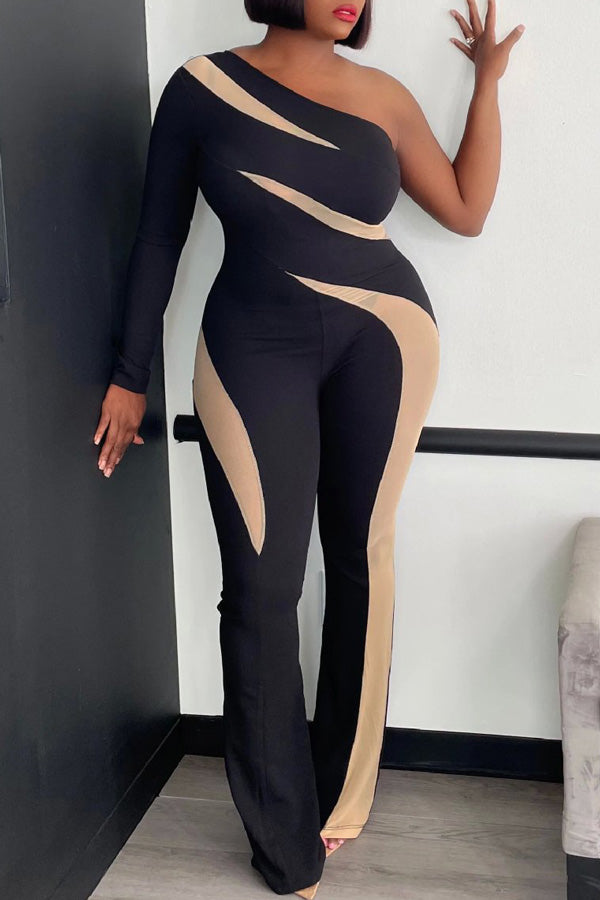 Sexy Off-the-Shoulder Colorblock Long Sleeve Jumpsuit