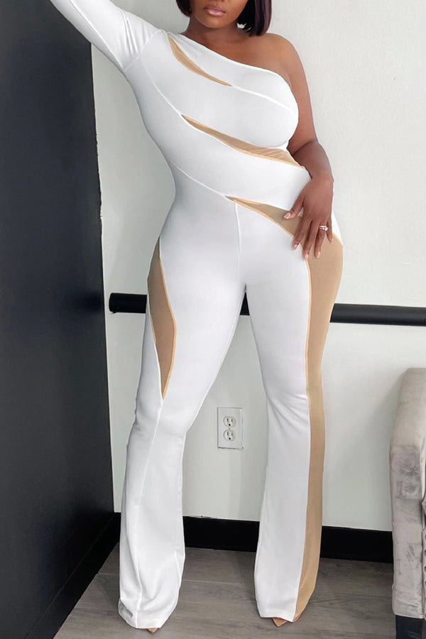 Sexy Off-the-Shoulder Colorblock Long Sleeve Jumpsuit