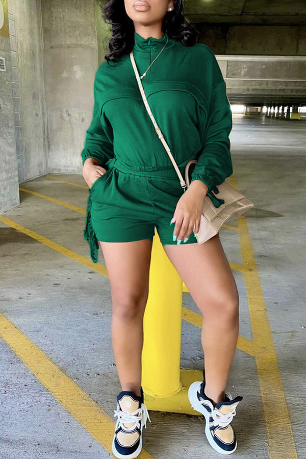 Fashion Solid Color Fringe Long Sleeve Shorts Tracksuit with Pockets