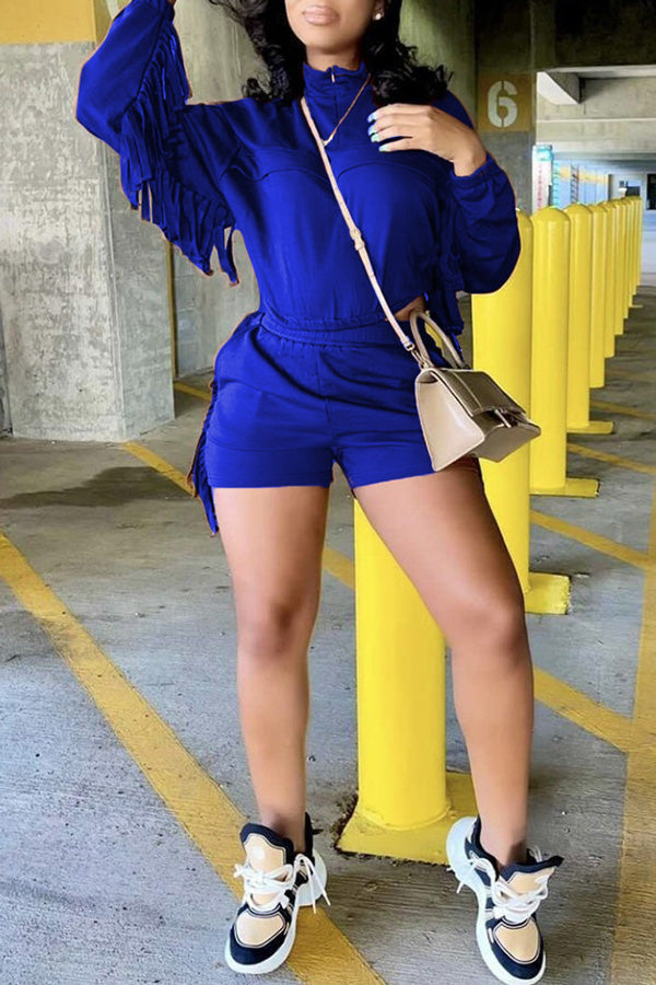 Fashion Solid Color Fringe Long Sleeve Shorts Tracksuit with Pockets