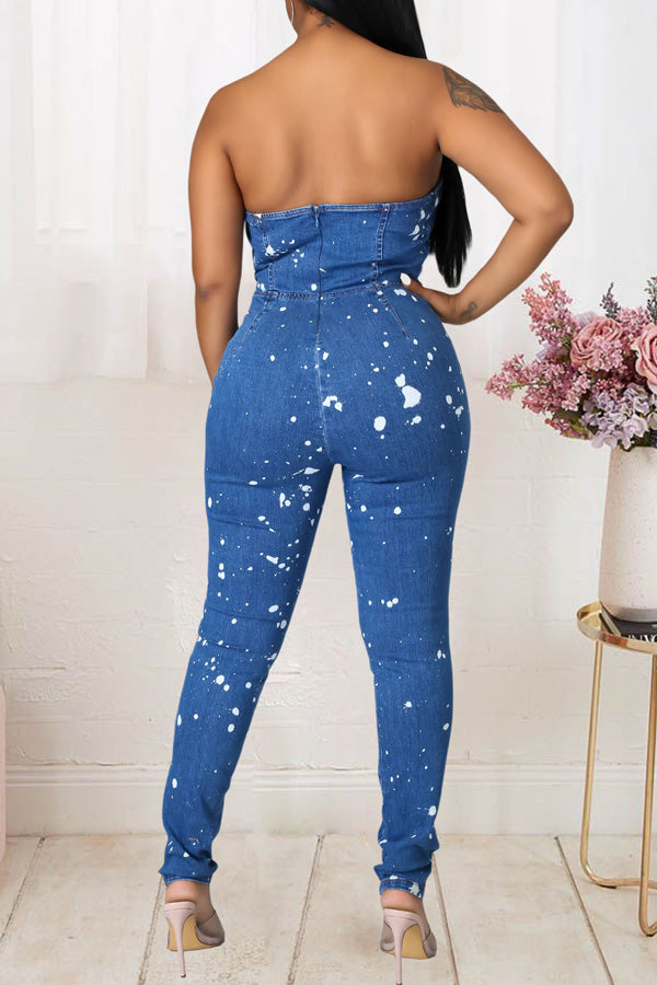 Casual Fashion Tube Top Women Fitted Denim Jumpsuit