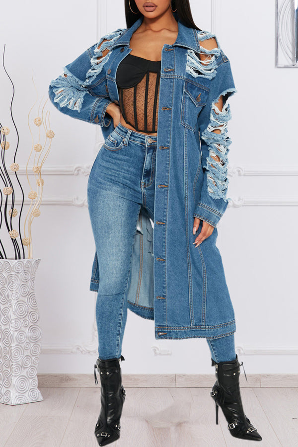 Fashion Ripped Long Sleeve Off Shoulder Denim Trench Coat