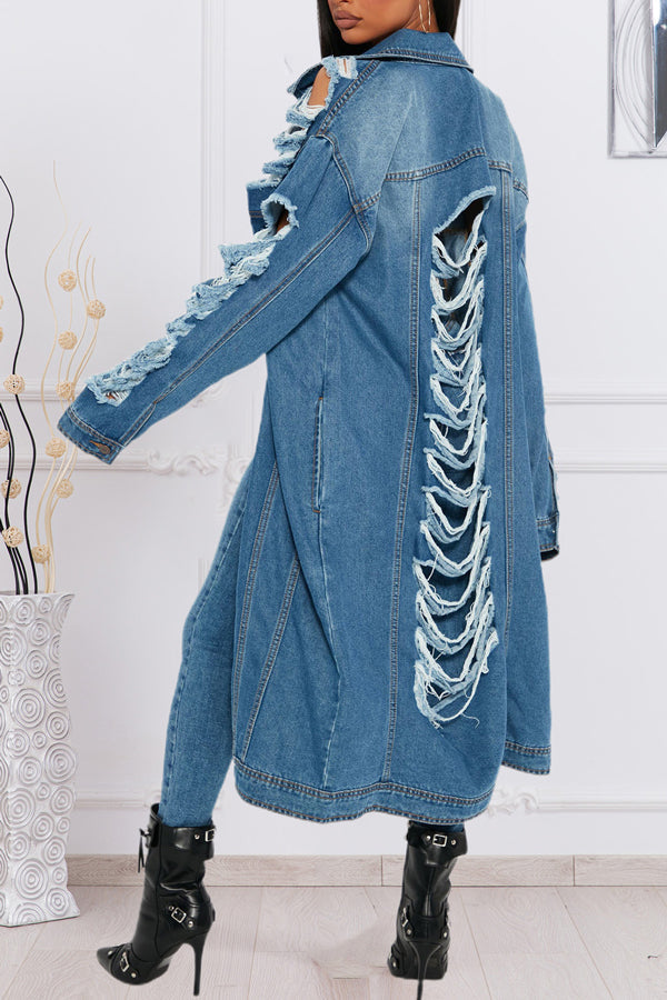 Fashion Ripped Long Sleeve Off Shoulder Denim Trench Coat