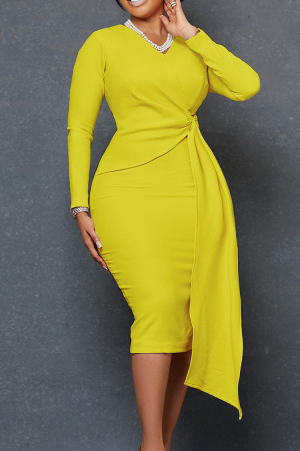Fashion Plus Size V Neck Long Sleeve Elegant Pencil Skirt Dress