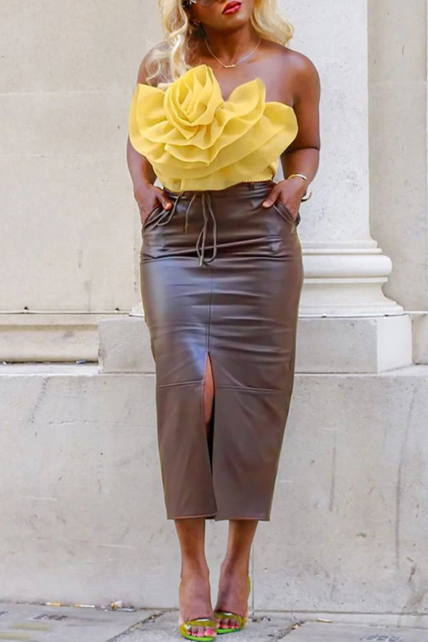 Sexy Solid Color Fashion High Quality Elastic Leather Skirt