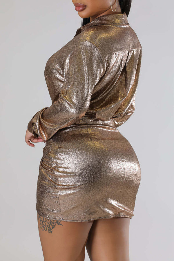 Fashion Bronze Pleated V-Neck Tunic Dress