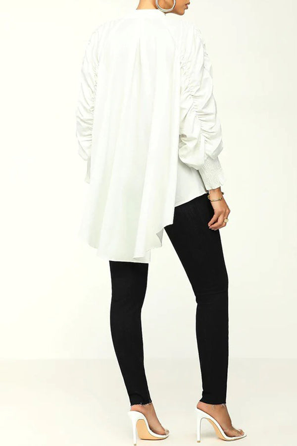 Fashion Solid Color Stand Collar Ruched Sleeve Blouse