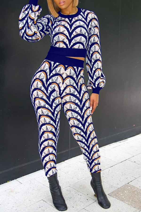 Fashion Casual Trousers Long Sleeve Contrast Print Two Piece Set