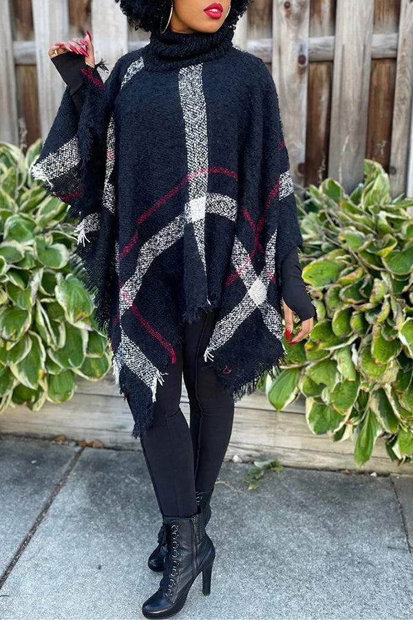 Fashion High Neck Fringed Cape Shawl Loose Oversized Knit Sweater