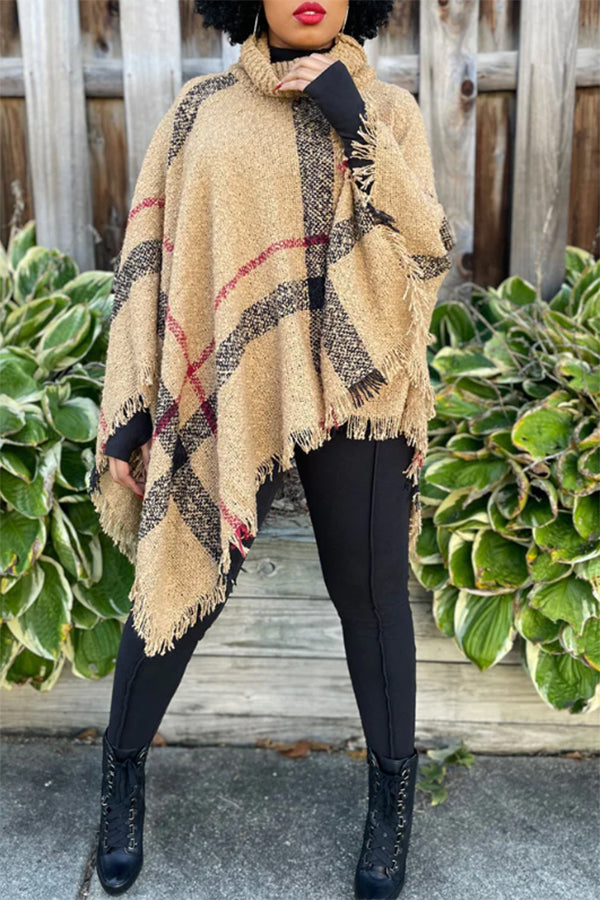Fashion High Neck Fringed Cape Shawl Loose Oversized Knit Sweater