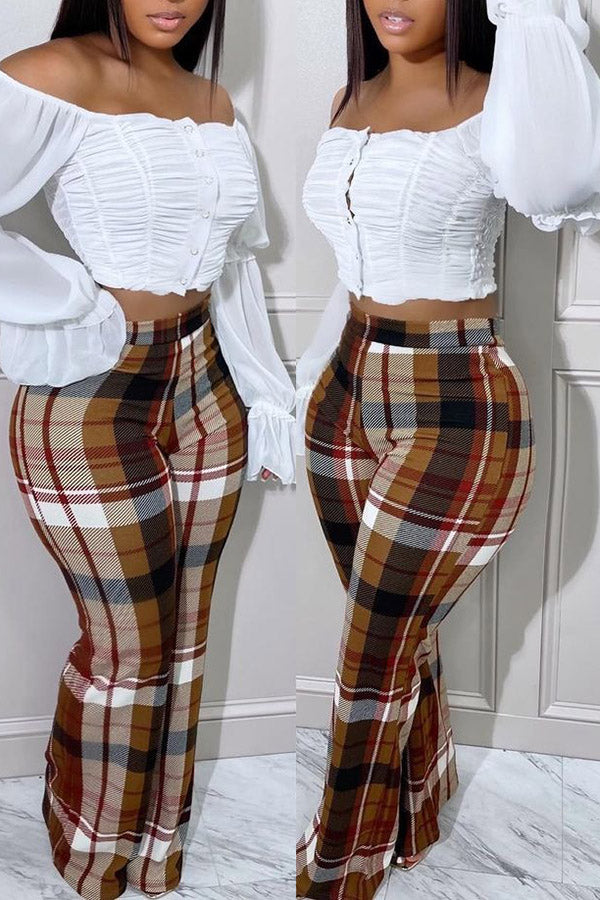 Fashion Plaid Street Trend Slim Fit Positioning Print Skinny Plus Size Flared Pants