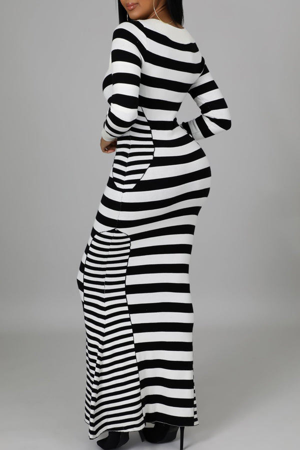 New Black and White Stripes Pack Hip Long Dress