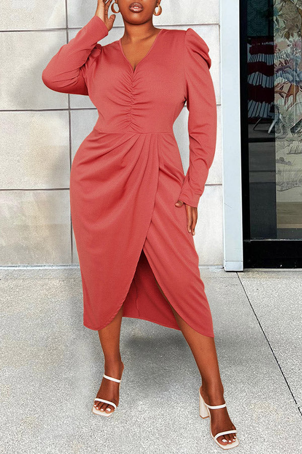 Fashion V-Neck Irregular Pleated Skirt Long Sleeve Solid Color Slit Dress