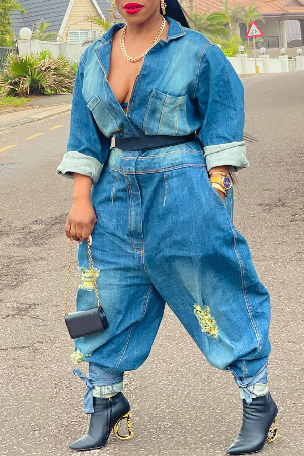 Fashion Casual Loose Denim Ripped Jumpsuit