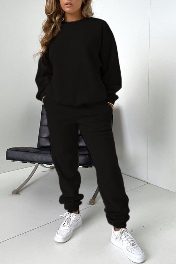 Fashion Casual Solid Color Round Neck Pullover Long Sleeve Cotton Sweater Pants Set