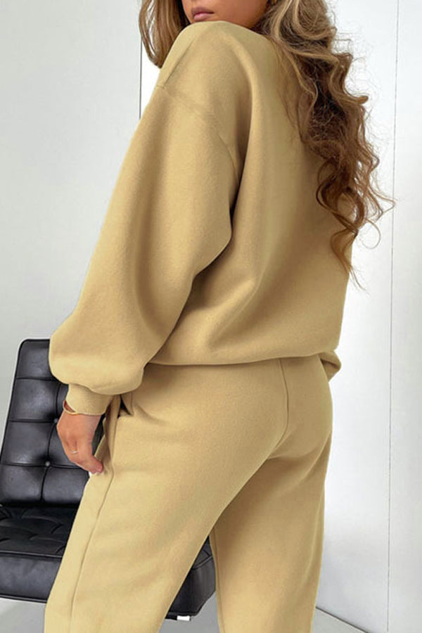 Fashion Casual Solid Color Round Neck Pullover Long Sleeve Cotton Sweater Pants Set