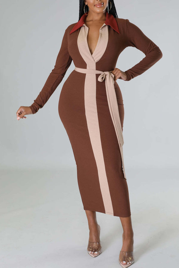 Fashion Stitching Contrasting Color Pits V-Neck Sexy Dress (with Belt)