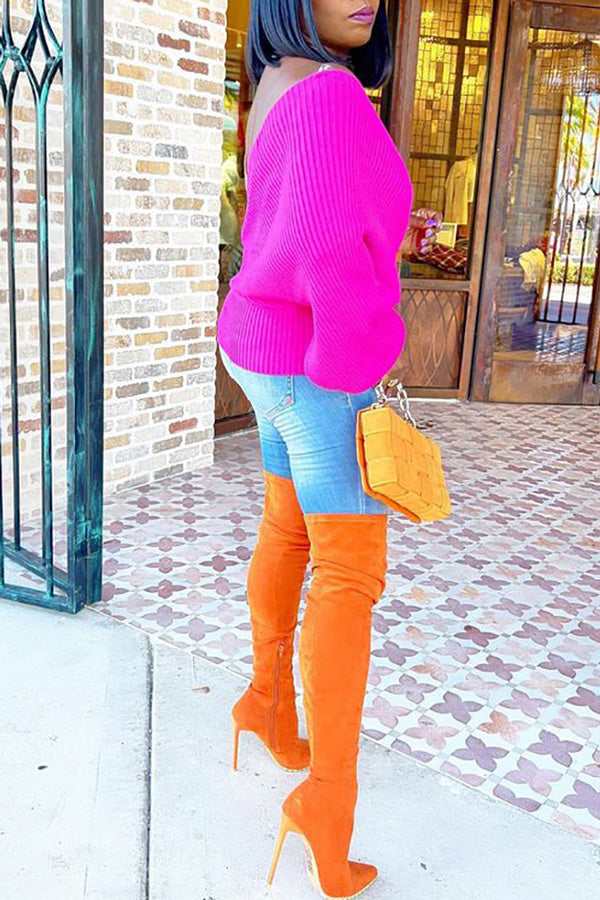 Casual Street Style Color Block Deep V Long Sleeve Pullover Knit Sweater