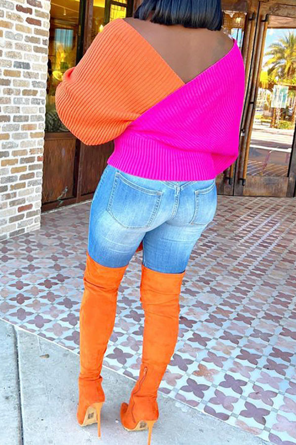 Casual Street Style Color Block Deep V Long Sleeve Pullover Knit Sweater