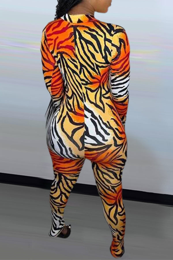 Fashion Casual Tiger Print V-Neck Jumpsuit