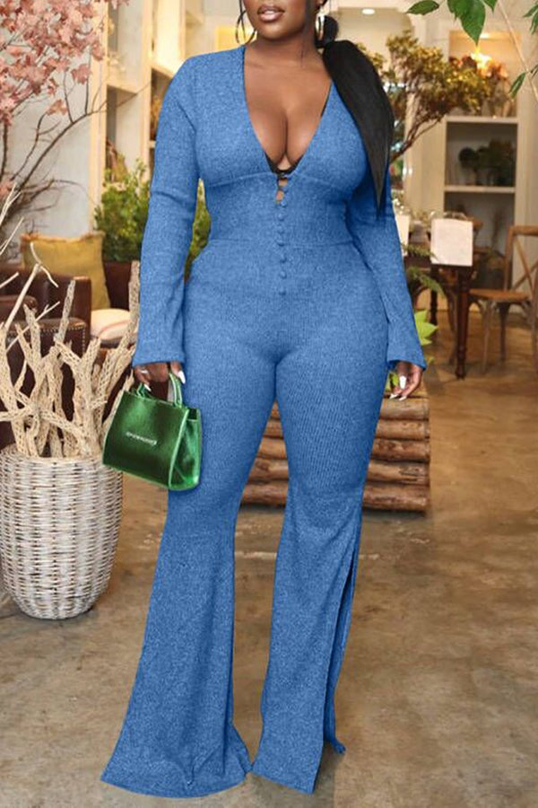 Sexy V-Neck Waist Flared Solid Color Jumpsuit