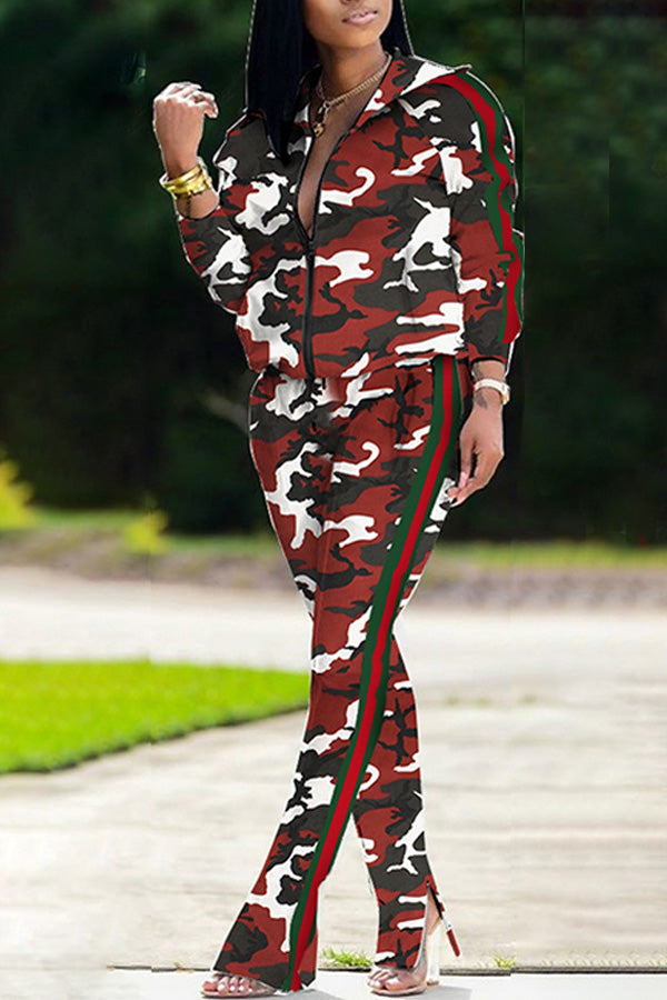 Fashion Casual Camouflage Print Zipper Slit Legs Suit