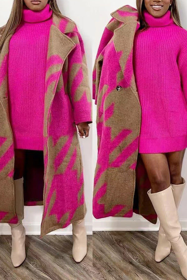 Fashion Casual Colorblock Long Sleeve Lapel Printed Wool Coat