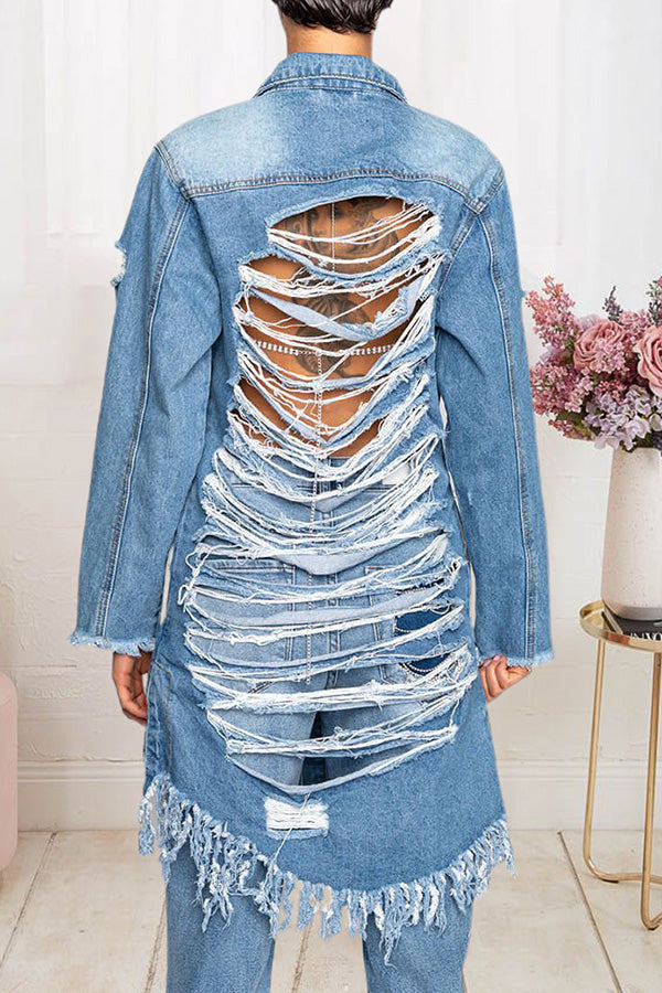 Fashion Ripped Fringed Long Sleeve Denim Cardigan Trench Coat