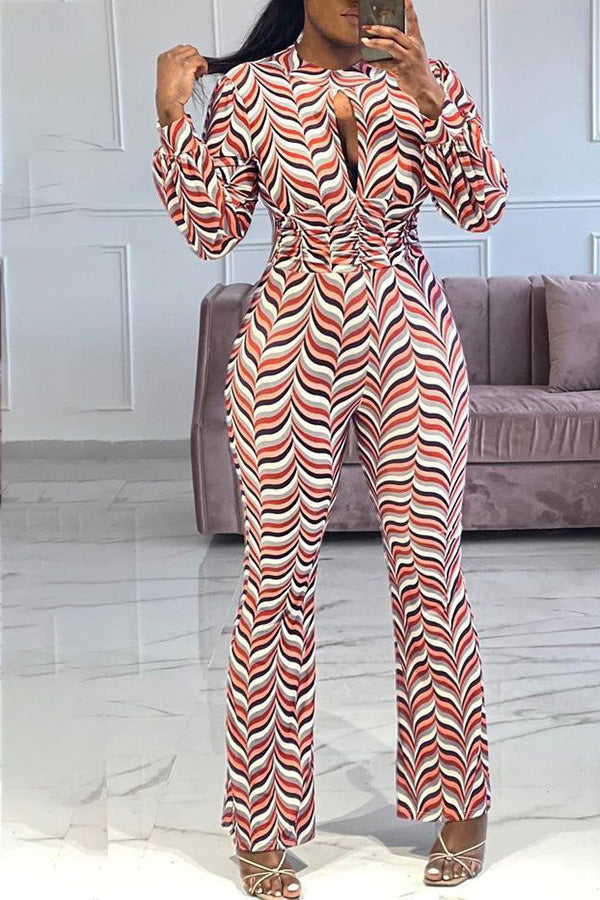 Fashion Sexy Hollow Out Waist Gathered Printed Flared Jumpsuits