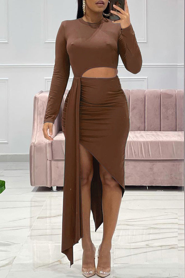 Fashion Solid Color Sexy Hollow Digging Ribbon Stitching Irregular Package Hip Dress