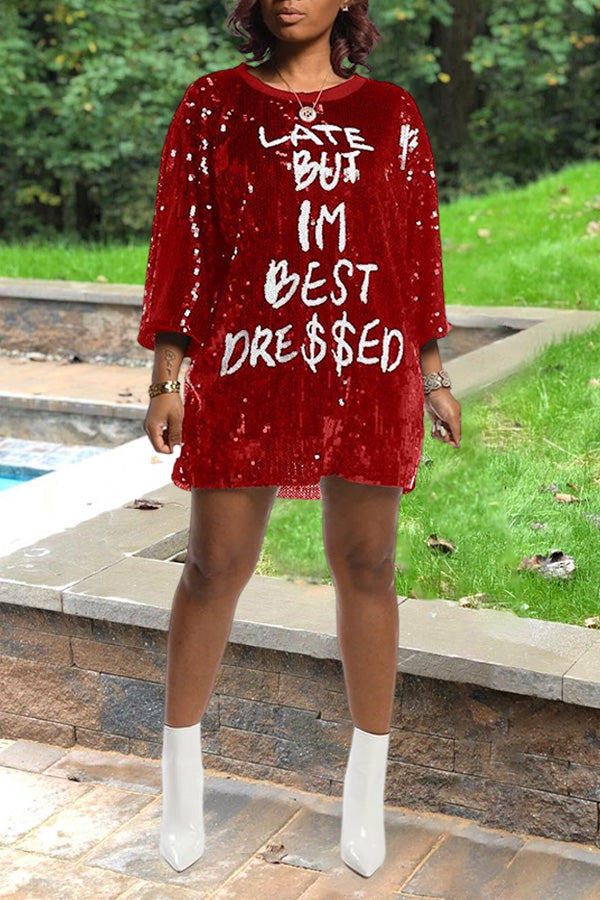 Trendy Letter Print Loose Sequin Dress