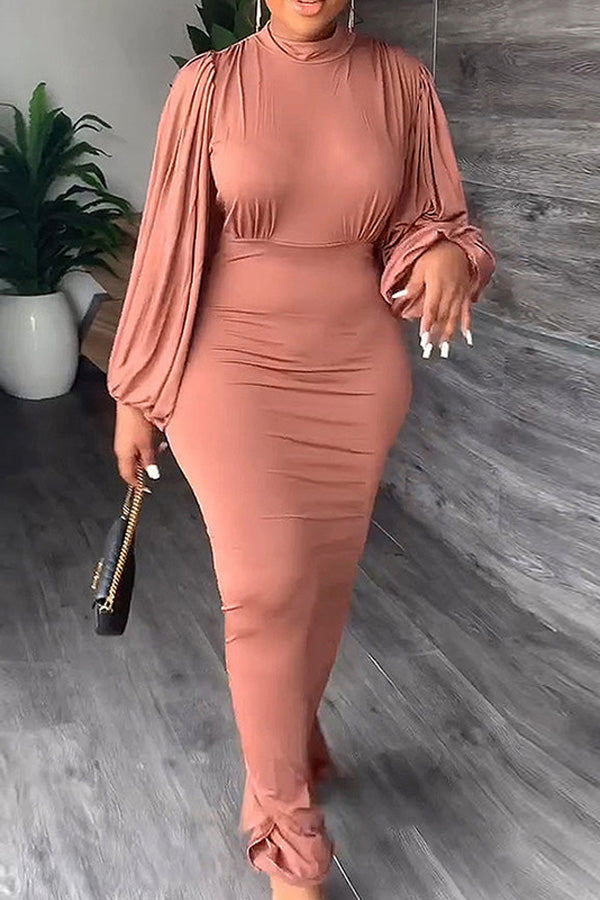 Sexy Slim Round Neck Ruffle Sleeve Solid Color Dress
