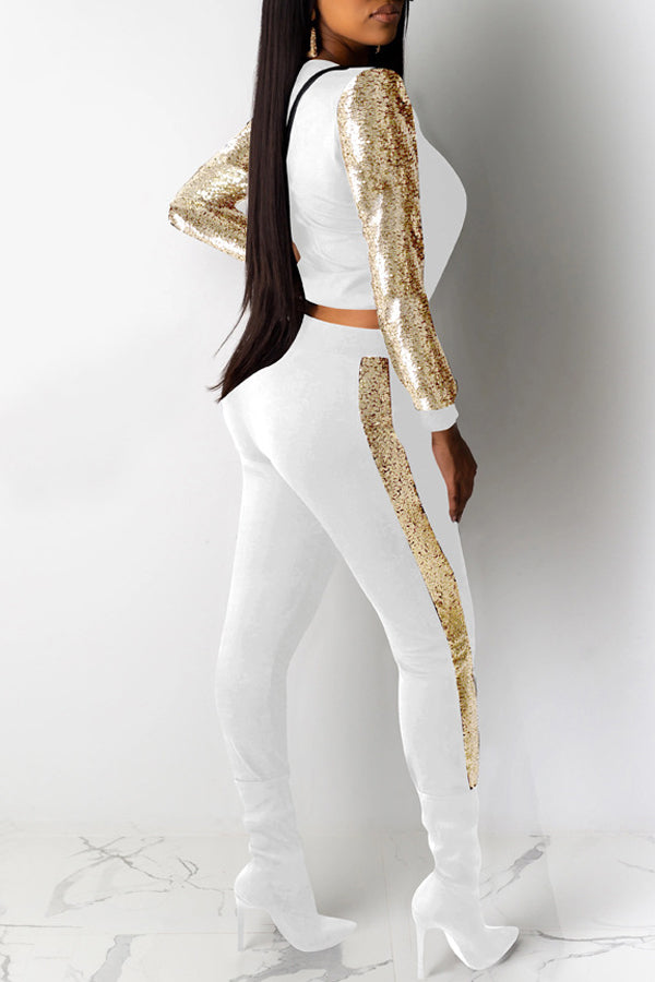 Fashion Sequin Stitching Round Neck Long Sleeve Trousers Tracksuit