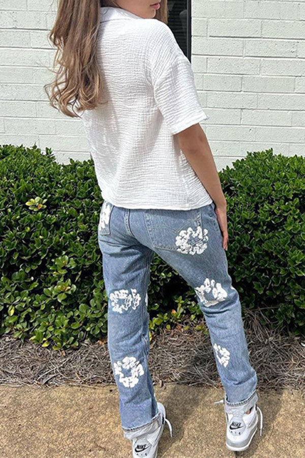 Fashion Versatile Daisy Print High Waist Straight Fit Jeans