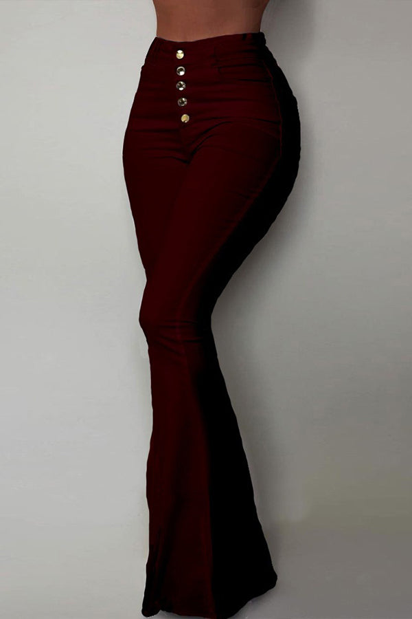 Casual High Waist Hips Flared Fishtail Single Breasted Simple Trousers