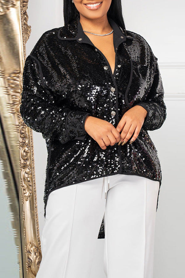 Fashion Sequin Loose Large Size Long Sleeve Irregular Shirt Top