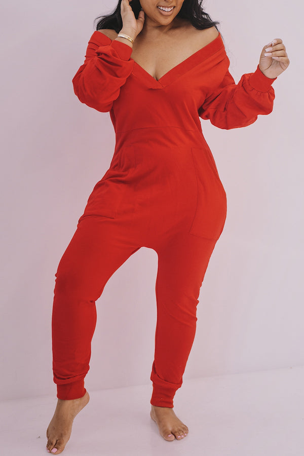 Sexy V Neck Sweater Long Sleeve Home Jumpsuit
