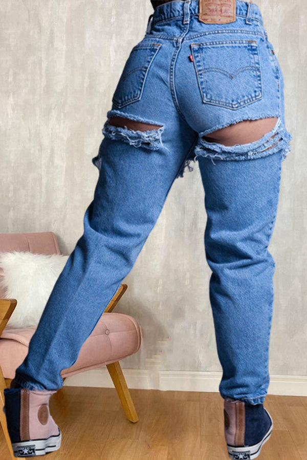 Casual Loose High Rise Wide Leg Ripped Jeans