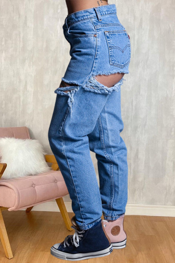 Casual Loose High Rise Wide Leg Ripped Jeans
