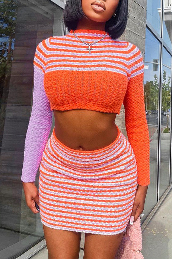 Fashion Casual Long Sleeve Striped Sweater Skirt Set