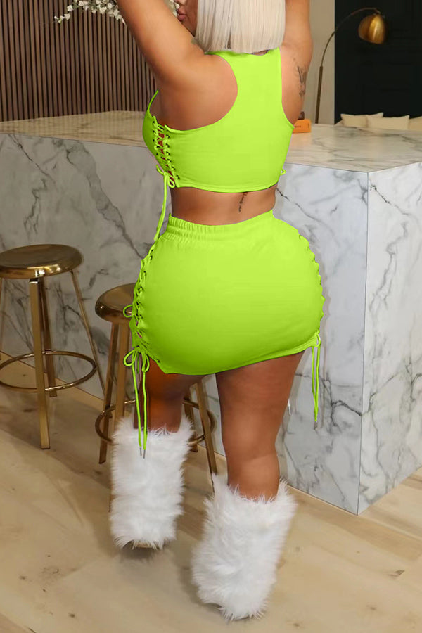 Solid Color Lace Up Side Bodycon Skirt Set