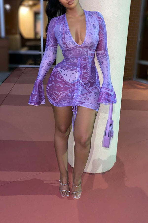 Fashion Plaid Flare Sleeve Drawstring Mini Dress