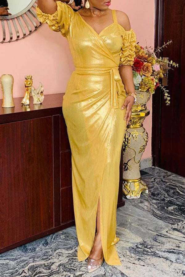 Plus Size Gold Sexy Solid Slit Evening Dress
