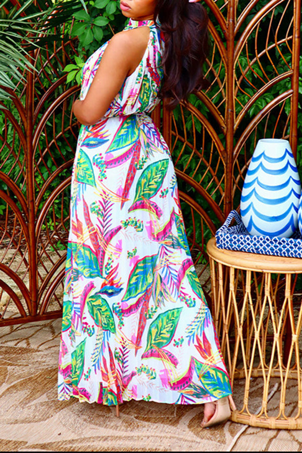 Palm Leaves Print Halter Pleated Maxi Dress