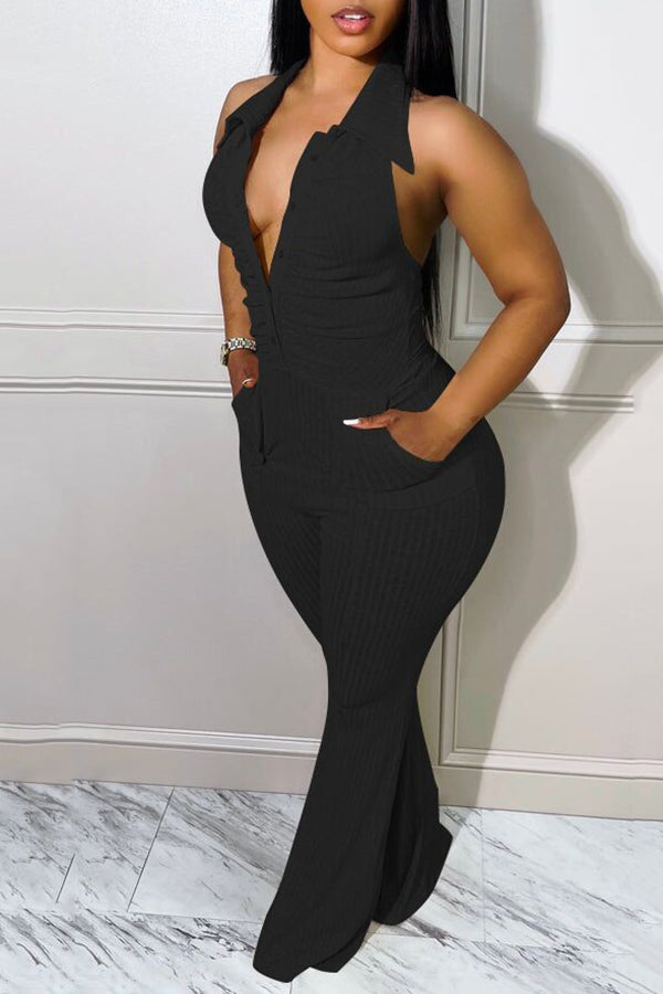 Sexy Halter Ruched Pocket Ribbed Jumpsuit