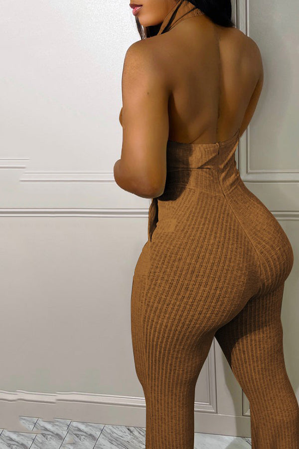 Sexy Halter Ruched Pocket Ribbed Jumpsuit