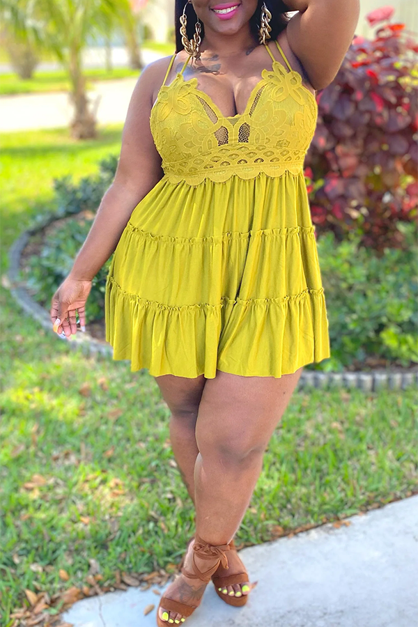 Plus Size Lace Patched Tiered Mini Dress
